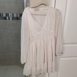 Ivory Long Sleeve V-Neck Tiered Mini Dress - Feminine Everyday Dress